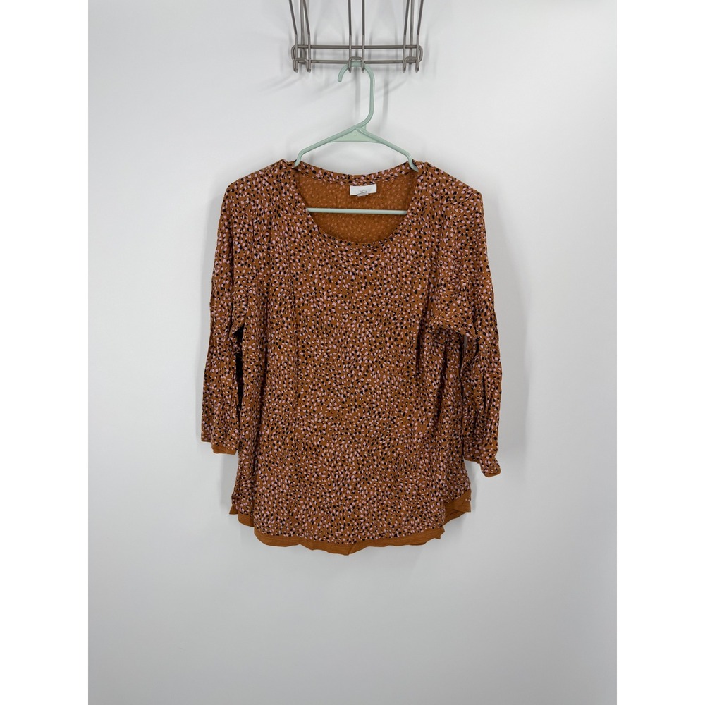 J. Jill Top Women Medium Brown Pink Spotted Cotton Tencel Knit 3/4 Sleeve